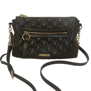 Anne Klein Black Quilted Crossbody Bag Gold Chain Strap Flap Zipper Pockets
